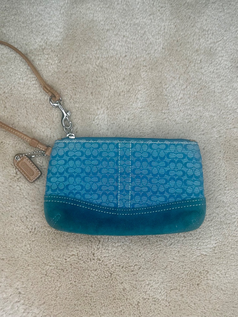 Coach Vintage Denim Suede Signature Wristlet & Brown Leather Strap & Tag